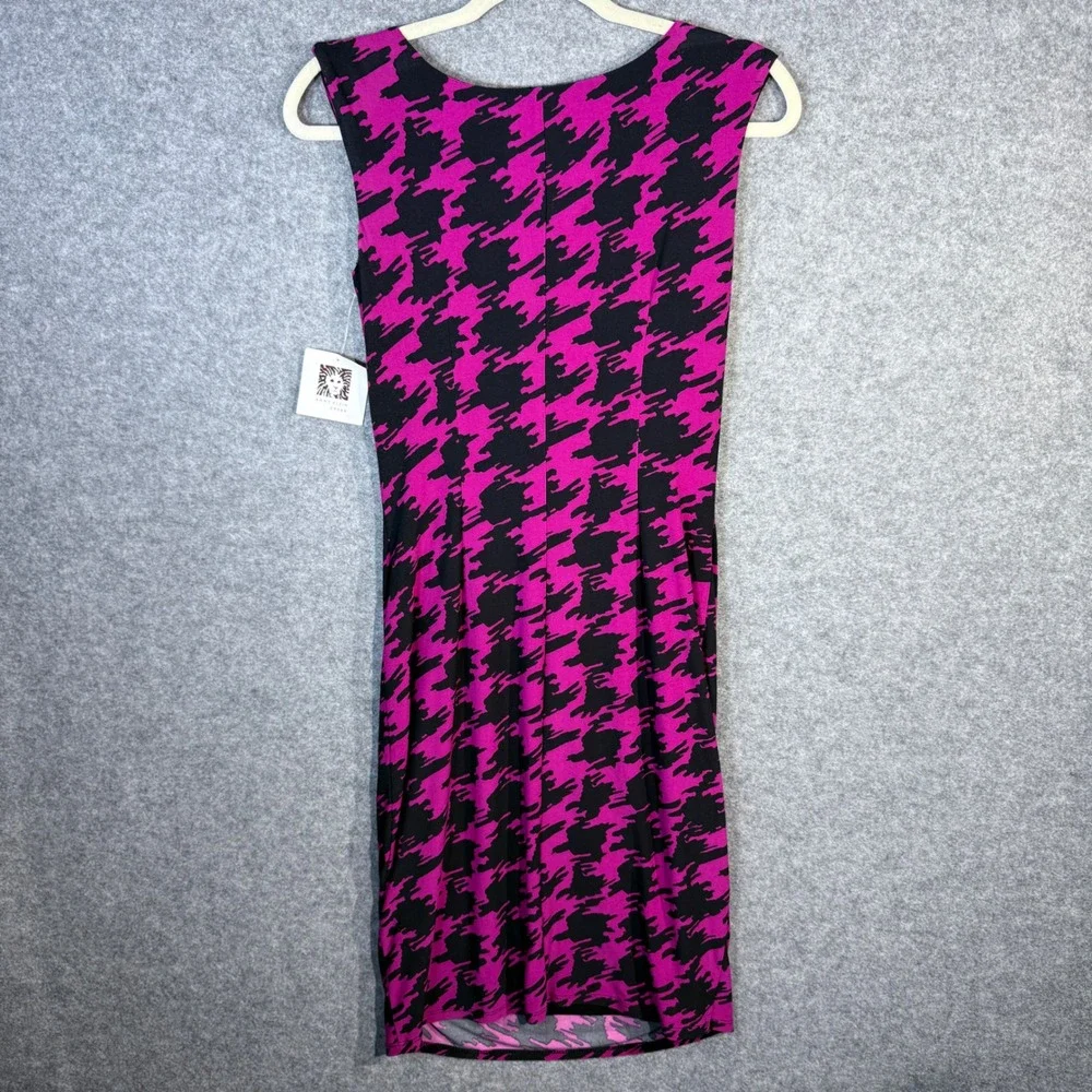 Anne Klein Women Black‎ Pink Houndstooth Drape Twist Sheath Dress Size 4